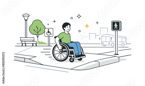 Accessible Urban Design. Wheelchair accessibility public space. Wheelchair user moving comfortably through a wide sidewalk with curb cuts. Barrier-free urban