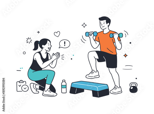 Motivational Workout Session. Personal trainer workout. Client exercising with light equipment while trainer observes and encourages. Active movement and