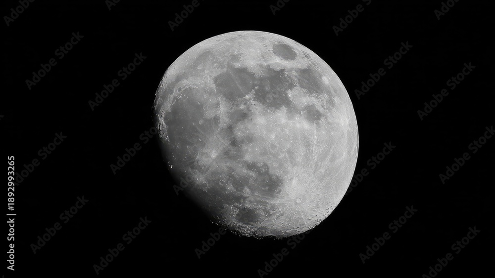 Fototapeta premium Waxing gibbous Moon in space, with visible craters and maria against a black sky. Concept Waxing gibbous Moon, Craters and maria on the lunar surface, Space scene with a black sky