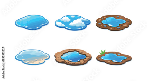 Isometric Rain Puddle Icons. AfterRain. Isometric flat vector icons set of after rain: clear puddle reflection, puddle with cloud reflection, wet ground