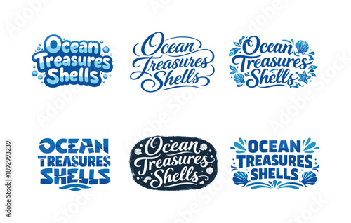 Ocean Treasures Typography. Ocean treasures shells. Set lettering. harmonious lettering variations of the same emblematic concept, each with different artistic