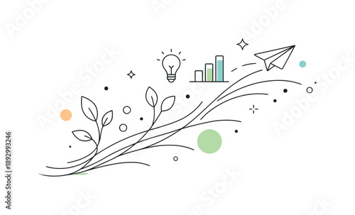 Organic Abstract Expansion. Organic development abstract. Minimal composition of flowing lines, dots, and subtle curves expanding outward. Modern editorial