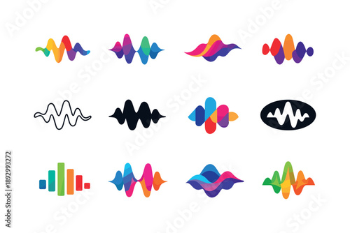Abstract Sound Icons. Abstract shapes and colors representing sound. Icon set. Set Logo of abstract shapes and colors representing sound: chromatic waveform