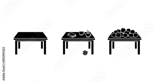 Three tables showing progression from empty to cluttered with items and trash