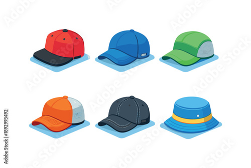 Colorful Cap Collection. Cap collection. Isometric flat vector icons set of cap collection: variety of caps including snapback, curved brim, lightweight