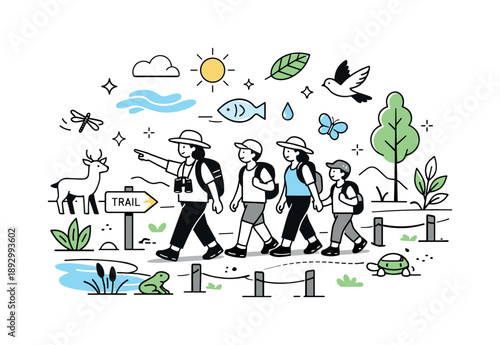 Nature Trail Harmony. Nature reserve guided tour. A clean scene of people walking along a marked trail through rich ecosystems, emphasizing protection and
