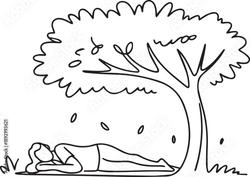 Serene illustration of a person resting under a tree in a peaceful landscape viewed from the side