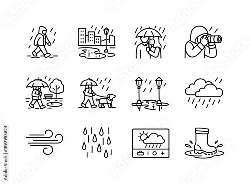 Rain Activities Icons. Outdoor rain activities. Line icon set of Outdoor rain activities: walking in rain, city street puddles, umbrella couple, rain