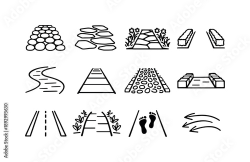 Stone Walkway Icons. Landscape stone walkway. Line icon set of Landscape stone walkway: cobblestone path, natural stone slabs, planted borders, low hedges,