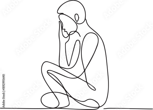 A person sits contemplatively with head bowed in a minimalist illustration capturing a moment of introspection and solitude in a simple line drawing