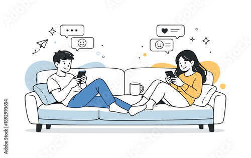 Chatting on Sofa. Casual online chat between friends. Friends relaxing on a sofa while messaging on their phones, calm and cozy atmosphere. Everyday digital