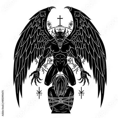 Baphomet illustration with bound figure and symbolic markings.
