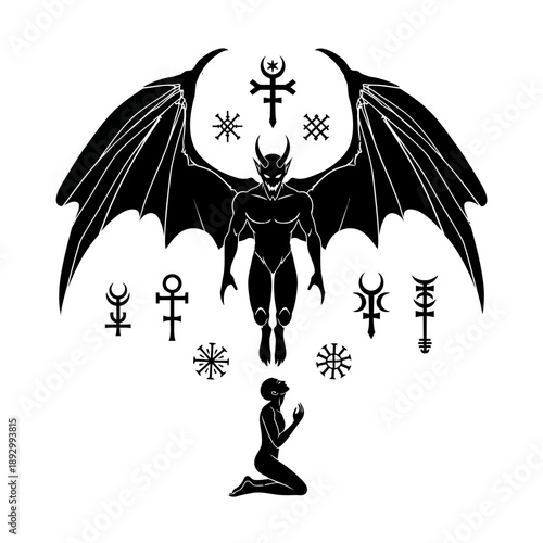 a black silhouette of a demon with symbols around a kneeling figure.