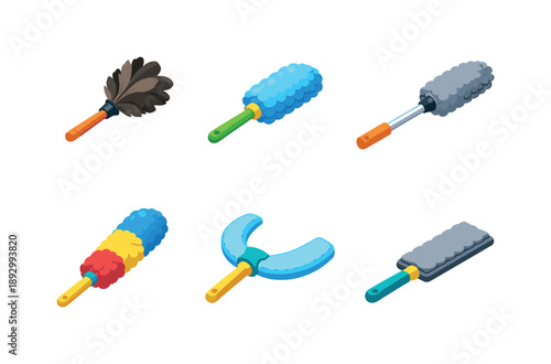 Duster Tools Grid. Duster tools. Isometric flat vector icons set of duster tools: feather duster, microfiber hand duster, telescopic extendable duster,
