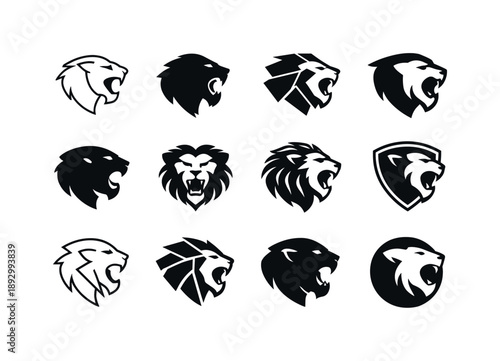 Fierce Predator Icons. Fierce predators. Icon set. Set Logo of fierce predators: roaring lion head. harmonious logo variations of the same emblematic concept,