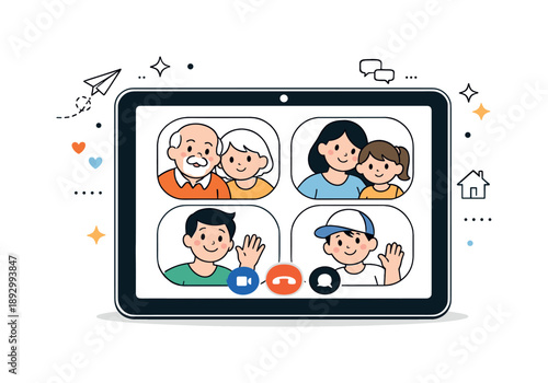 Family Video Call. Video calling family illustration. Family faces appearing in simple rounded frames on a tablet. Warm digital communication scene expressing