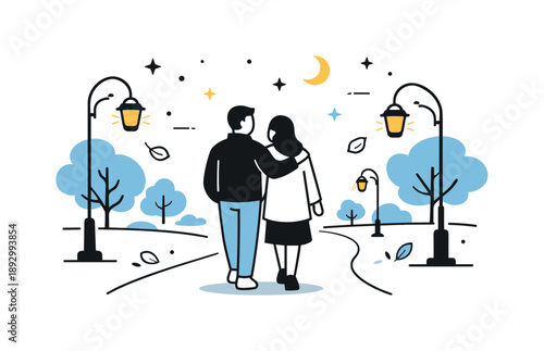 Evening Park Stroll. Evening walk in the park. A couple walking under lanterns or soft glowing lights with trees and a quiet path ahead. Peaceful end-of-day