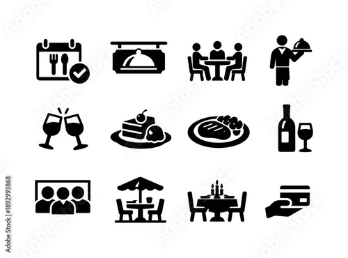 Restaurant Icon Set. Restaurant outing. Solid icon set of Restaurant outing: dinner reservation, restaurant sign, seated group, server with tray, clinking