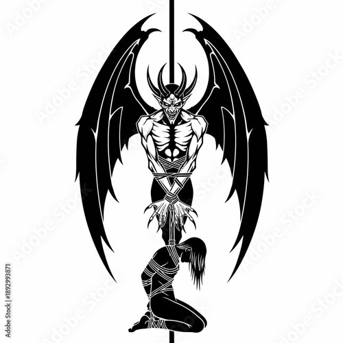 A black and white illustration of a winged demon creature.