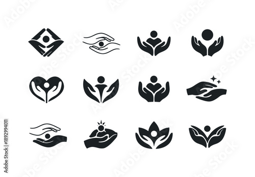 Therapeutic Touch Icons. Therapeutic touch. Icon set. Set Logo of therapeutic touch: restorative touch gesture. harmonious logo variations: Abstract geometric,