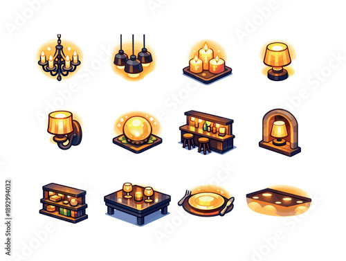Isometric Dining Icons. Dining room dim lighting. Colorful isometric vector icons set of dining room dim lighting: dimmed chandelier glow, soft pendant trio,