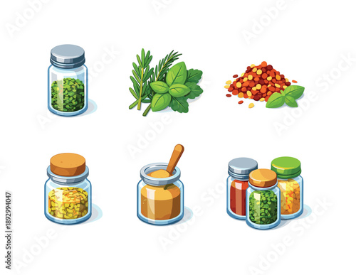 Herbal Spices Icons. Herbal Spices. Isometric flat vector icons set of Herbal Spices: clear glass spice jar, botanical herb sprigs, crushed spice flakes,