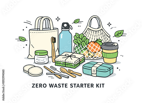 Zero Waste Essentials. Zero waste starter kit. A compact group of reusable products gathered together, suggesting an easy transition to eco habits. Friendly