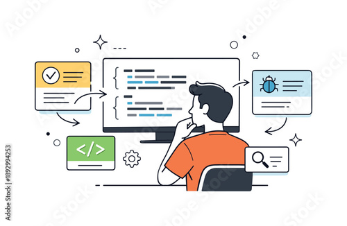 Minimal Coding Design. Coding workflow. Programmer reviewing lines of code on a large screen, concentration and logical thinking. Clean scene with simple