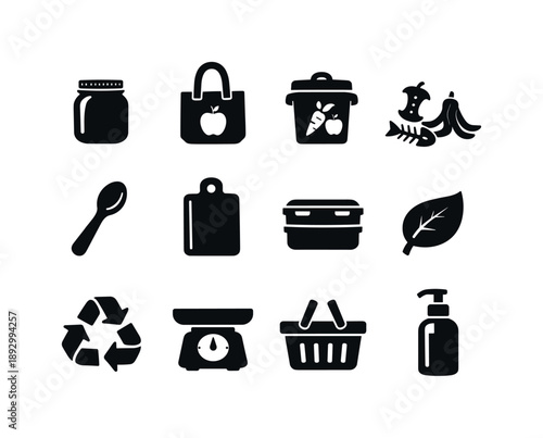 Zero-Waste Kitchen Icons. Zero-Waste Kitchen. Solid icon set of Zero-Waste Kitchen: glass jar, reusable bag, compost bin, food scraps, wooden spoon, cutting