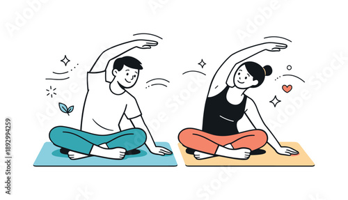 Yoga Harmony. Yoga set. Two characters stretching side by side on yoga mats, exchanging relaxed smiles and moving in sync. The scene feels calm and supportive,