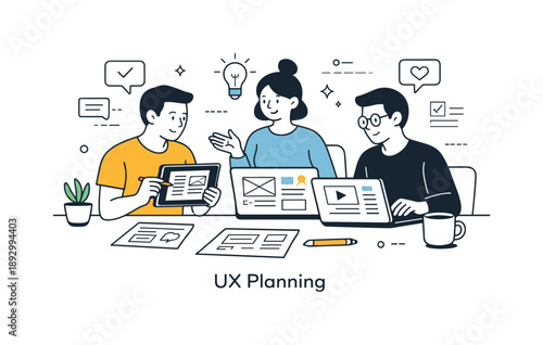 User-Centric Design Review. User experience planning. Designers reviewing wireframes and layouts on laptops and tablets together. Structured workflow and
