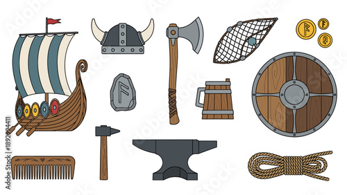 Viking artifacts and weapons illustration featuring ship, helmet, axe, shield, and other cultural items