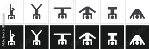 Yoga Pose Silhouette Icon Set Featuring Advanced Inversion Asanas Including Handstands, Headstands, Arm Balances, and Core Strength Movements for Athletic Fitness, Professional Wellness Instruction.