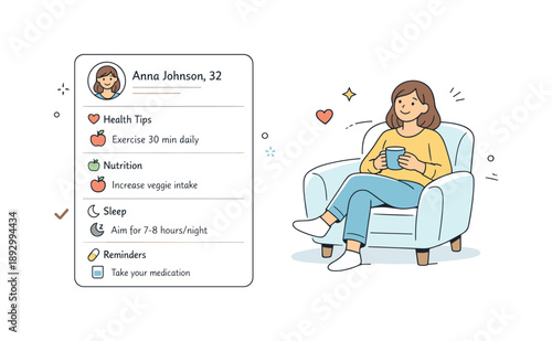 Personalized Health Solutions. Personalized digital healthcare. A patient profile with tailored health recommendations appears alongside a relaxed character,