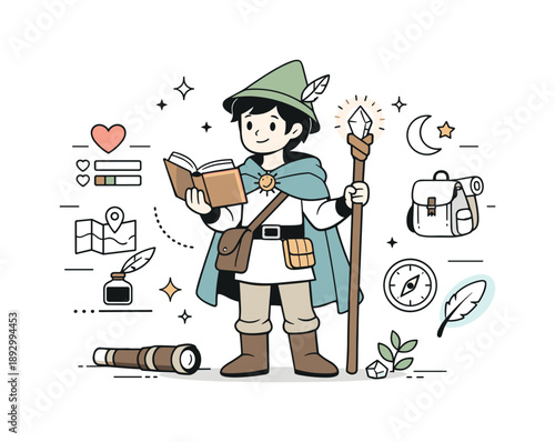 Calm Fantasy Character. Fantasy game-inspired fan art. A gentle, non-violent game character stands with symbolic equipment and glowing UI elements.