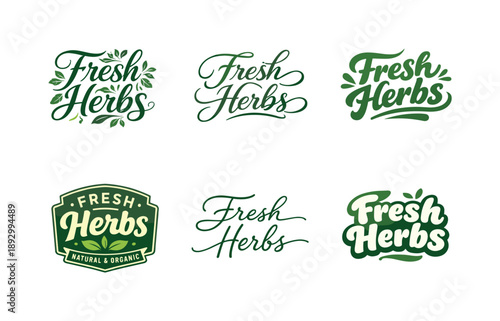 Herbal Lettering Styles. Fresh Herbs. Set lettering. harmonious lettering variations of the same emblematic concept, each with different artistic