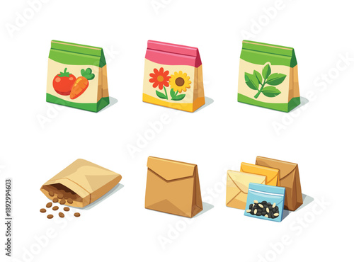 Colorful Seed Packets. Seed Packets. Isometric flat vector icons set of Seed Packets: vegetable seed packet, flower seed packet, herb seed packet, open seed
