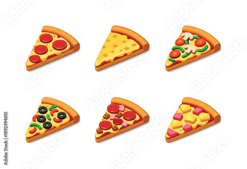 Pizza Slice Sampler. Pizza slice. Isometric flat vector icons set of Pizza slice: classic pepperoni slice, cheese pizza slice, veggie pizza slice