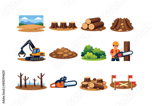 Deforestation Icons Set. Cleared forest. Colorful flat vector icons set of cleared forest: open land, tree stump line, cut logs, skid tracks, deforestation