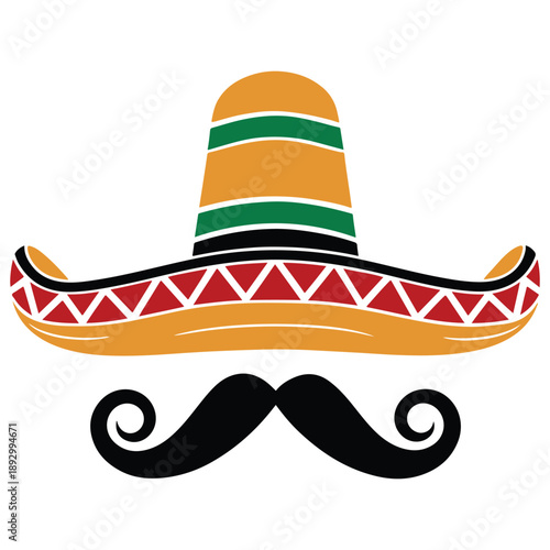 Mexican Sombrero Hat and Mustache – Colorful Fiesta Design and Cultural Art Elements .