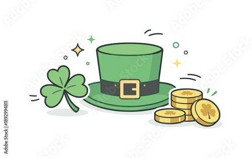Irish Festive Symbols. Festive Irish symbols poster. A hat, clover and coins arranged in a clean balanced composition, expressing holiday joy without clutter.