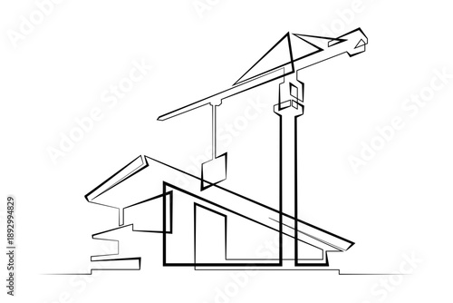 Continuous single line drawing residential building. House. Construction site. Construction crane.  Linear.One continuous line isolated minimalist illustration. Not AI.