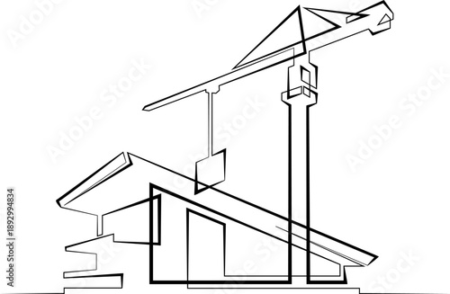 Continuous single line drawing residential building. House. Construction site. Construction crane.  Linear.One continuous line isolated minimalist illustration. Not AI.
