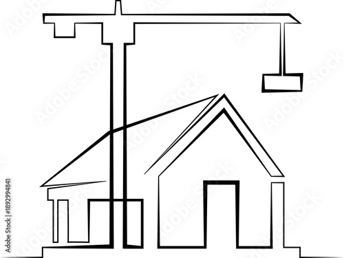 Continuous single line drawing residential building. House. Construction site. Construction crane.  Linear.One continuous line isolated minimalist illustration. Not AI.
