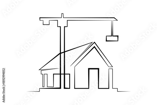 Continuous single line drawing residential building. House. Construction site. Construction crane.  Linear.One continuous line isolated minimalist illustration. Not AI.