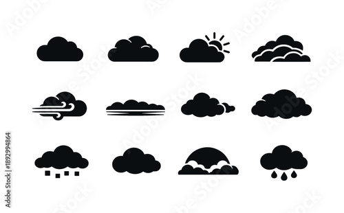 Cloud Icon Collection. Cloudy Sky. Solid icon set of Cloudy Sky: cloud, overcast cloud, sun behind cloud, layered clouds, wind cloud, gray sky horizon,