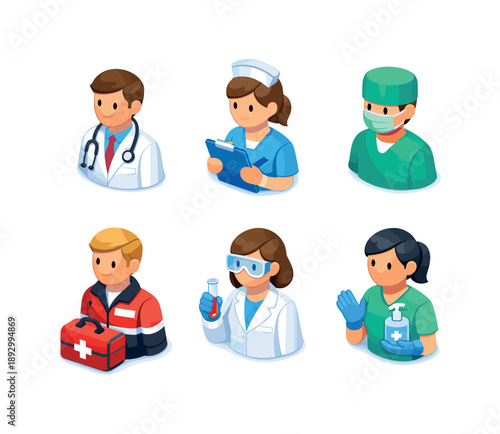 Healthcare Icon Set. Healthcare worker. Isometric flat vector icons set of healthcare worker: doctor with stethoscope, nurse with clipboard, surgeon with mask