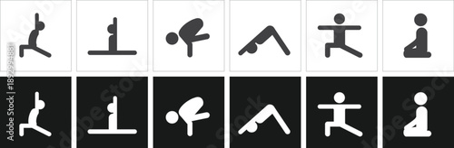 Yoga Pose Silhouette Icon Set Featuring Comprehensive Mindfulness Asanas Including Crow Pose, Downward Dog, Warrior II, Seated Meditation, and Standing Balance Movements for Holistic Wellness.