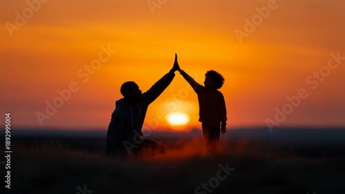 Father giving his young son a high five outdoors at sunset, symbolizing encouragement, trust and a positive parent-child relationship