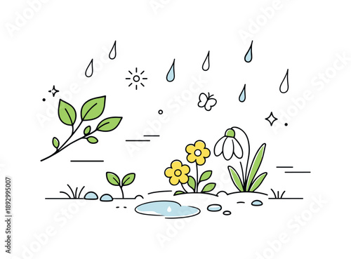 March Nature Awakening. March awakening nature. Young leaves, early flowers, and light rain drops appearing across a minimal scene. Fresh and balanced mood